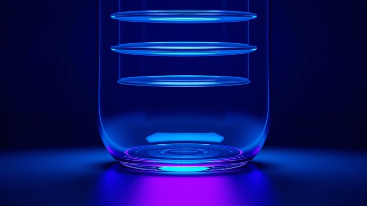 A glass jar holding stacked translucent layers that grow denser and heavier while the jar's outer shape stays exactly the sam