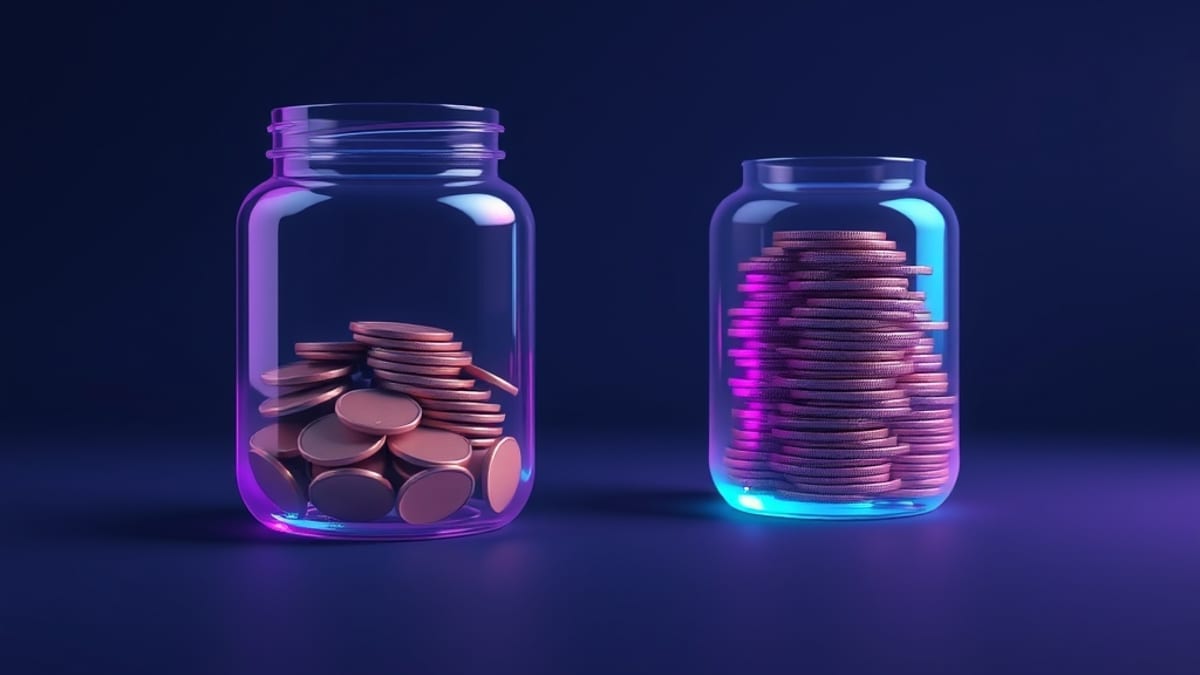 Two glass jars of coins side by side, one plain and one enlarged and wrapped in a translucent extra layer.