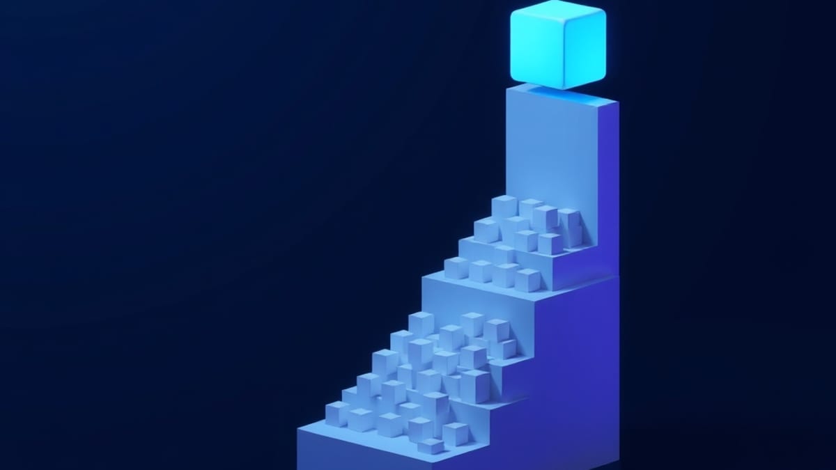 Three floating platforms at rising heights; the middle one is wide and crowded with small cubes, the top one narrow and holds