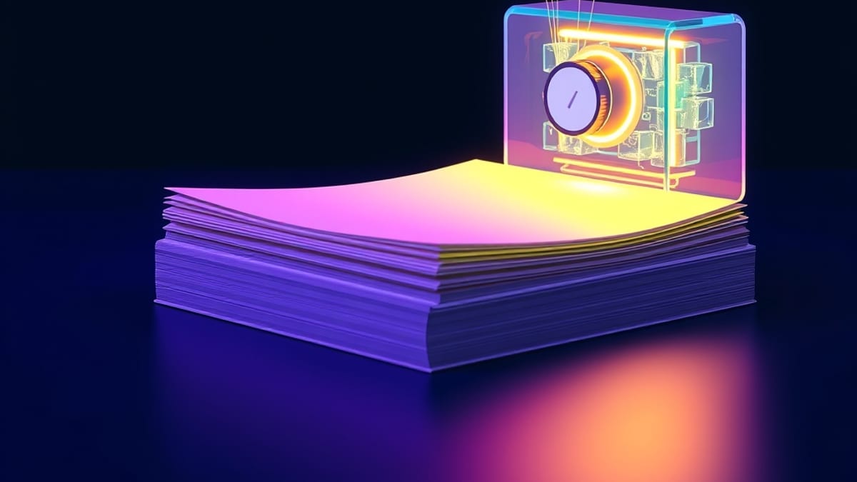Glowing threads rise from a stack of pages into a translucent glass-cube machine, while one small dial sits switched off.
