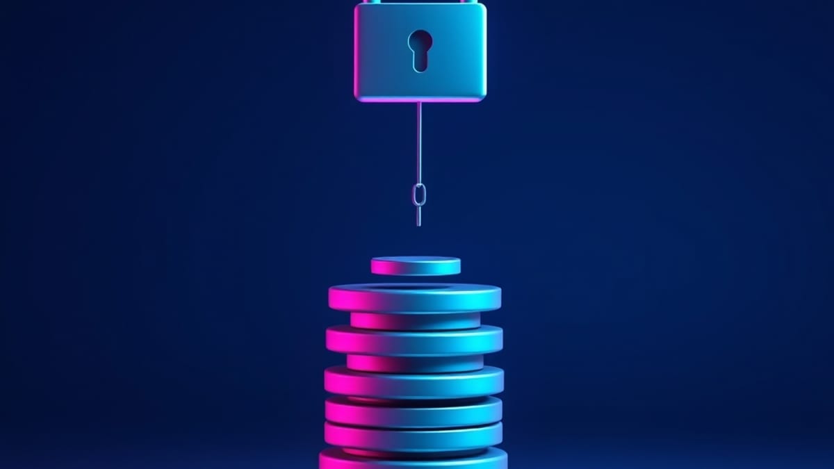 A padlock chained to a low disc while stacked discs rise away above it in soft studio light.