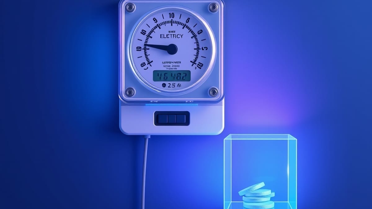 A glass meter spinning as coins drop into a slot, a cable feeding a glowing cube.