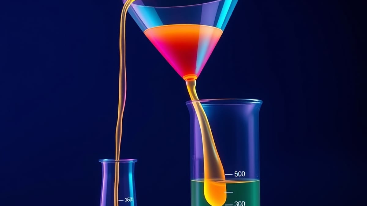 A glass funnel dividing one glowing liquid stream into two unequal pours filling two measuring beakers to different levels.