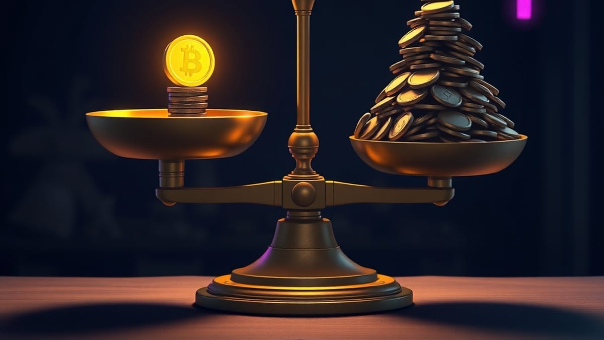 A balance scale tipping under a towering heap of tokens on one pan while a single glowing coin sits on the other.