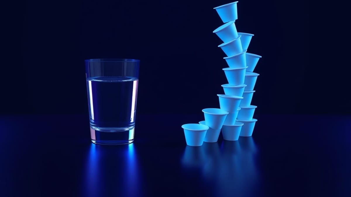 A small glass pours into a long spiral of identical cups climbing upward, suggesting endless small costs.