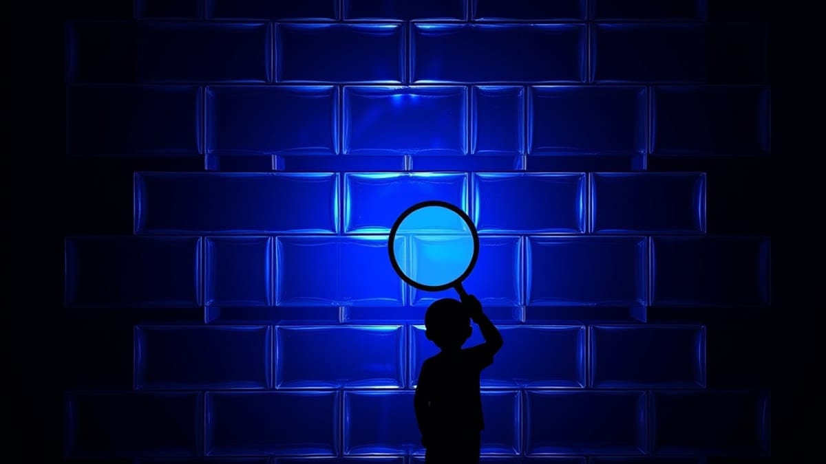 A glass brick wall with a few warped bricks bending light, and a shadowy figure inspecting them with a magnifying glass.