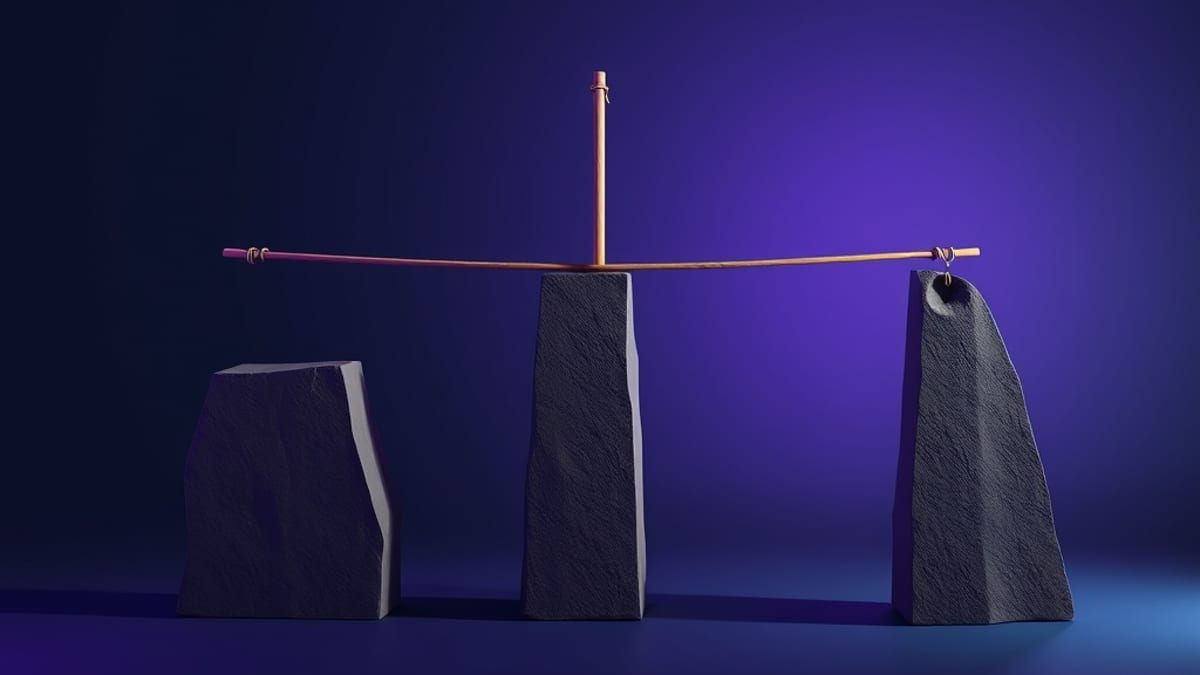 A balance pole resting across three uneven stone pillars, one cracked and tilting, lit by soft gray light.