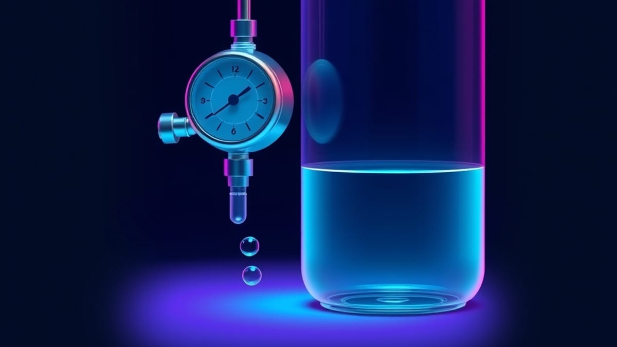 A dripping tap feeding a spinning meter beside a sealed full reservoir tank, comparing metered flow with a fixed pooled suppl