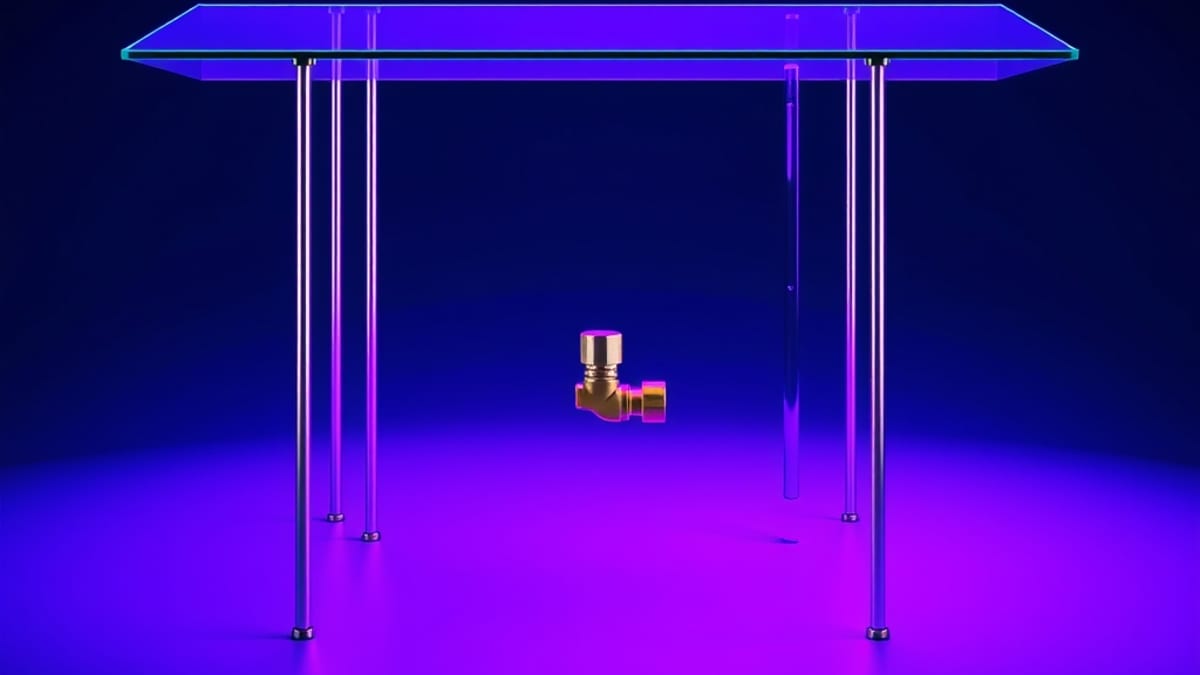 A flat glass tabletop bowed upward by a few legs that have grown longer than the rest, with a small valve at its edge.