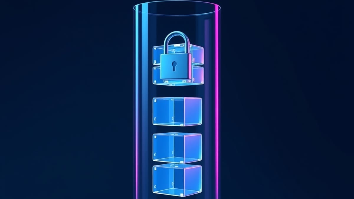 Cutaway glass vessel with three stacked levels: one small cube at the bottom, five cubes in the middle, and a dense locked cl