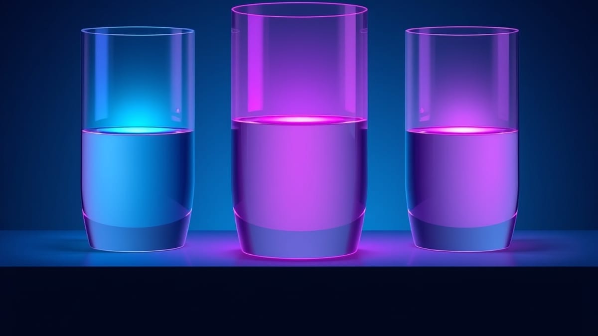 Three identical glass vessels holding different amounts of glowing liquid, lit from one side on a plain surface.