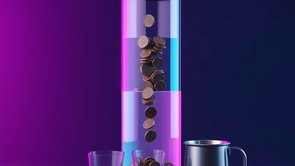 A coin-fed dispenser pouring measured water into small cups while one oversized cup overflows beside it.