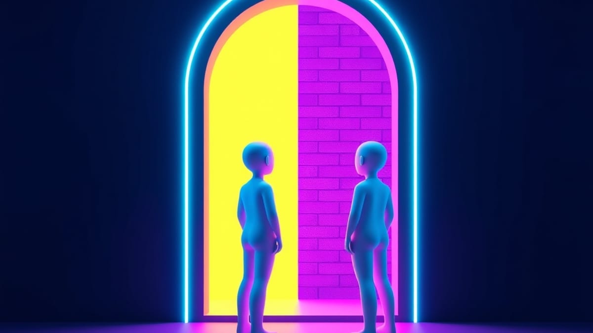 A glowing keyhole doorway where one person sees warm light and another sees a brick wall inside the same opening.