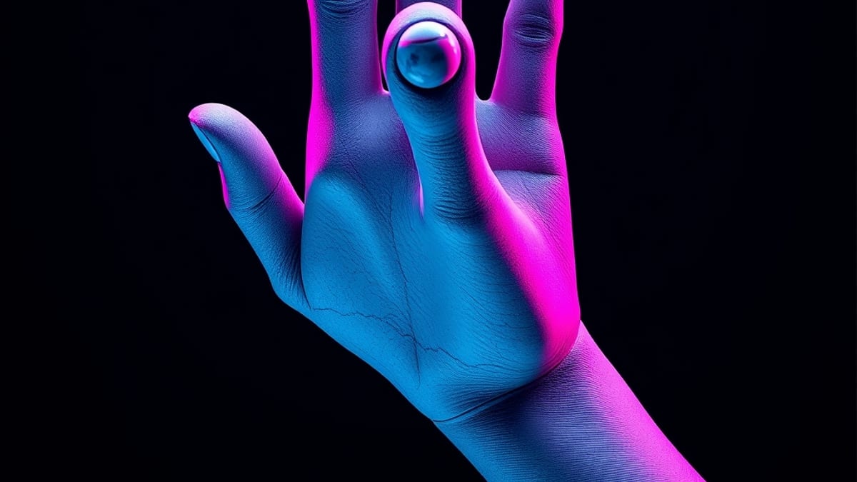 A partly blurred, partly crisp sculpted hand with one ghostly extra finger hovering beside it under a spotlight.