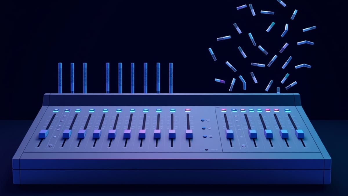Two mixing consoles side by side: one with all sliders level in a flat row, the other with sliders pushed to varied heights.