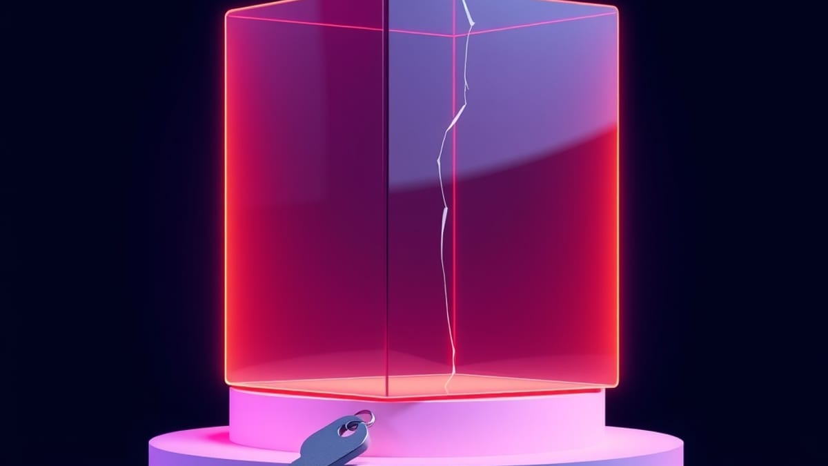 A gleaming glass cube on a pedestal, cracked open to show it is hollow, next to a plain key and a small locked drawer.