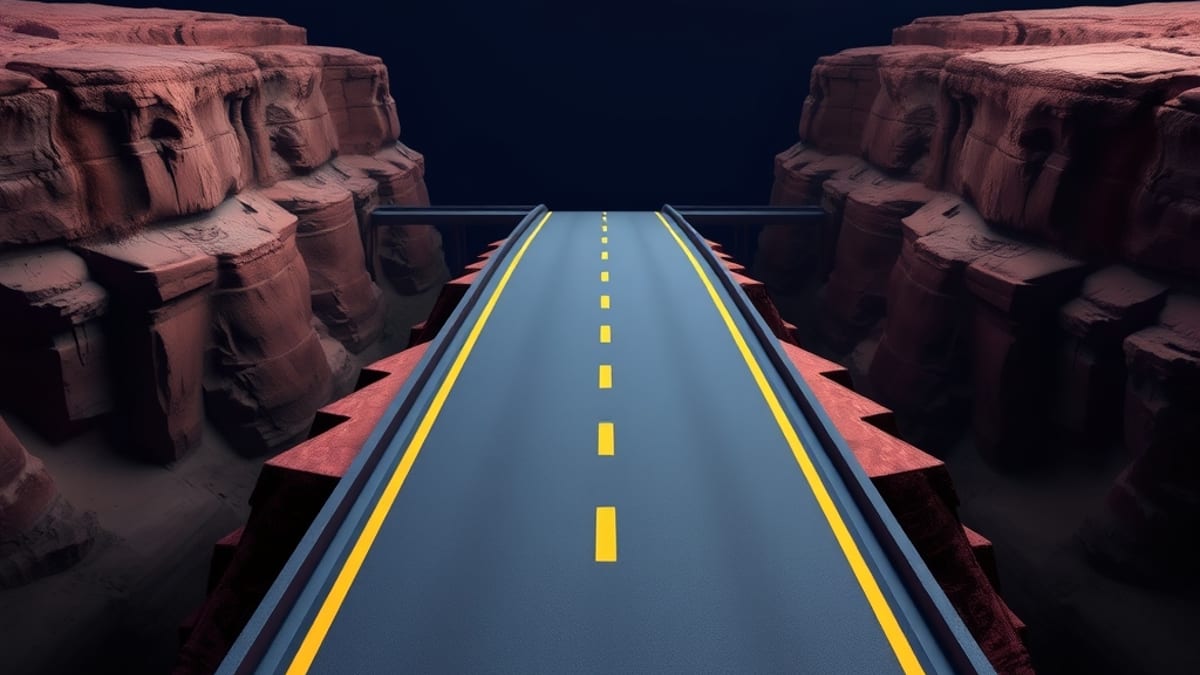 A road bridge stretches confidently across a canyon, but its far half floats unsupported over empty space.