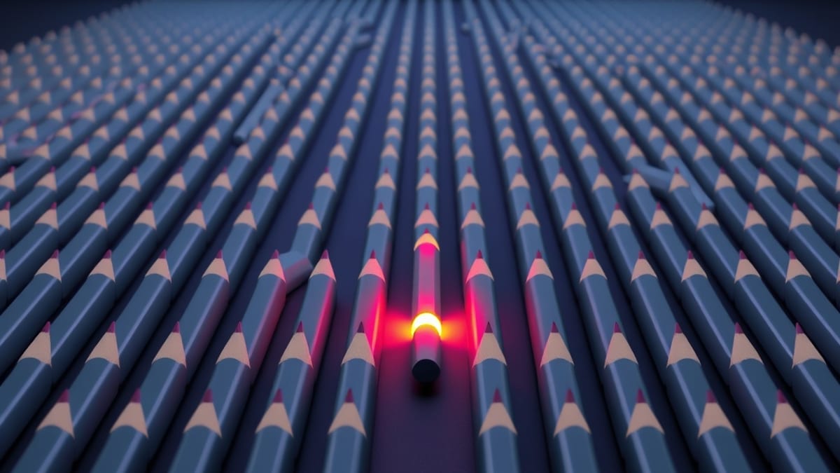 A neat grid of identical grey pencils with one amber pencil slightly out of alignment, lit from above.