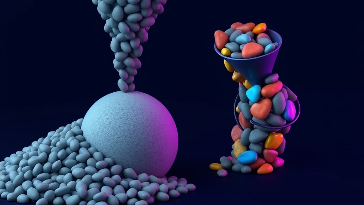 Thousands of identical grey pebbles funnel into one bland grey sphere, while a narrow funnel of distinct colorful stones stay
