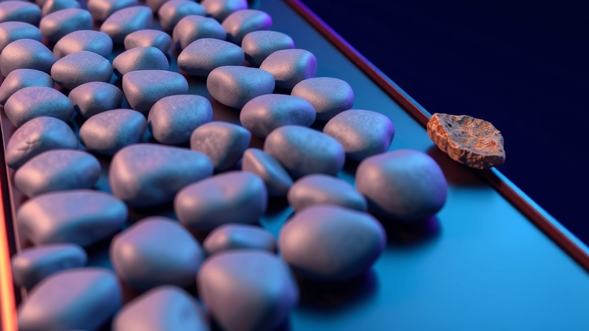 A row of near-identical grey pebbles on a conveyor belt, with one warm irregular stone resting apart in soft light.