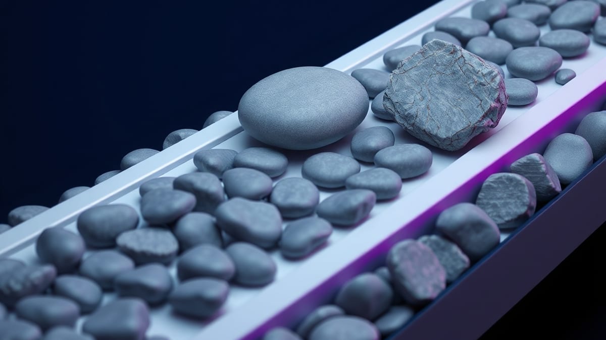 A uniform row of smooth grey stones on a white conveyor belt, with one rough colorful stone set apart at the edge.