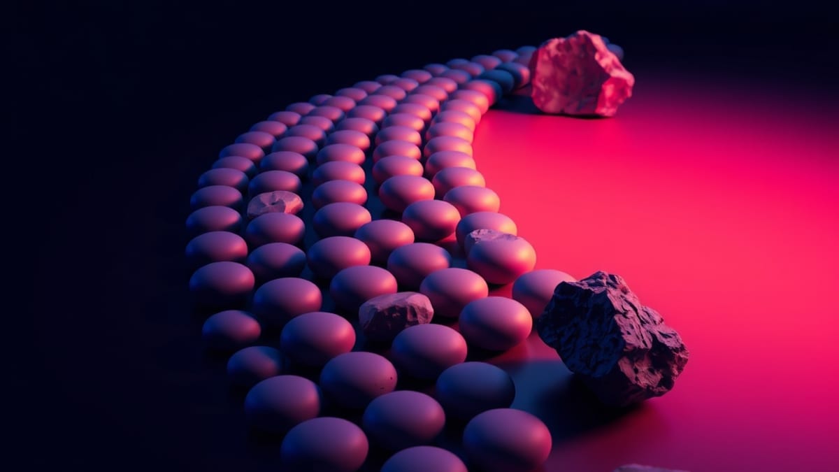 A neat row of identical smooth grey pebbles rolling down a ramp, with one jagged textured stone resting apart in warm light.