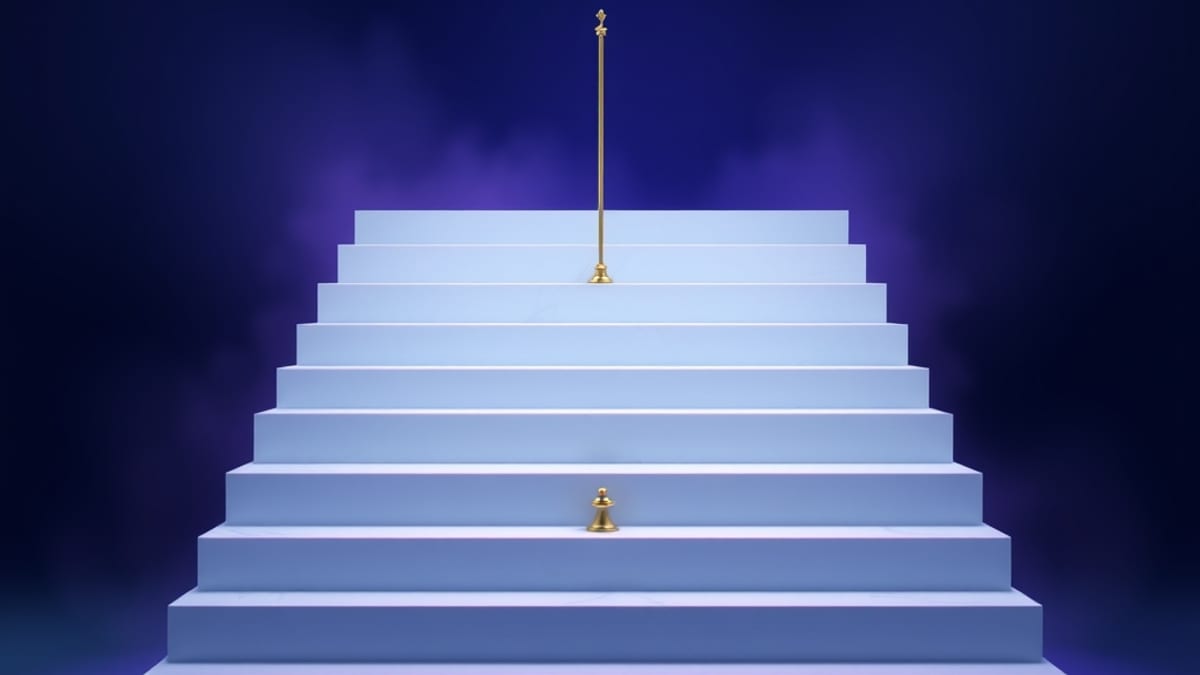 A polished marble staircase climbing into fog, its upper steps dissolving into empty mist, with a brass plumb line hanging be