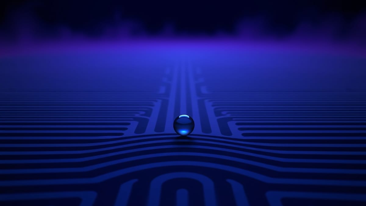 A marble rolling down one deep carved groove in a field of parallel channels, curving toward small wooden role-figures in fog