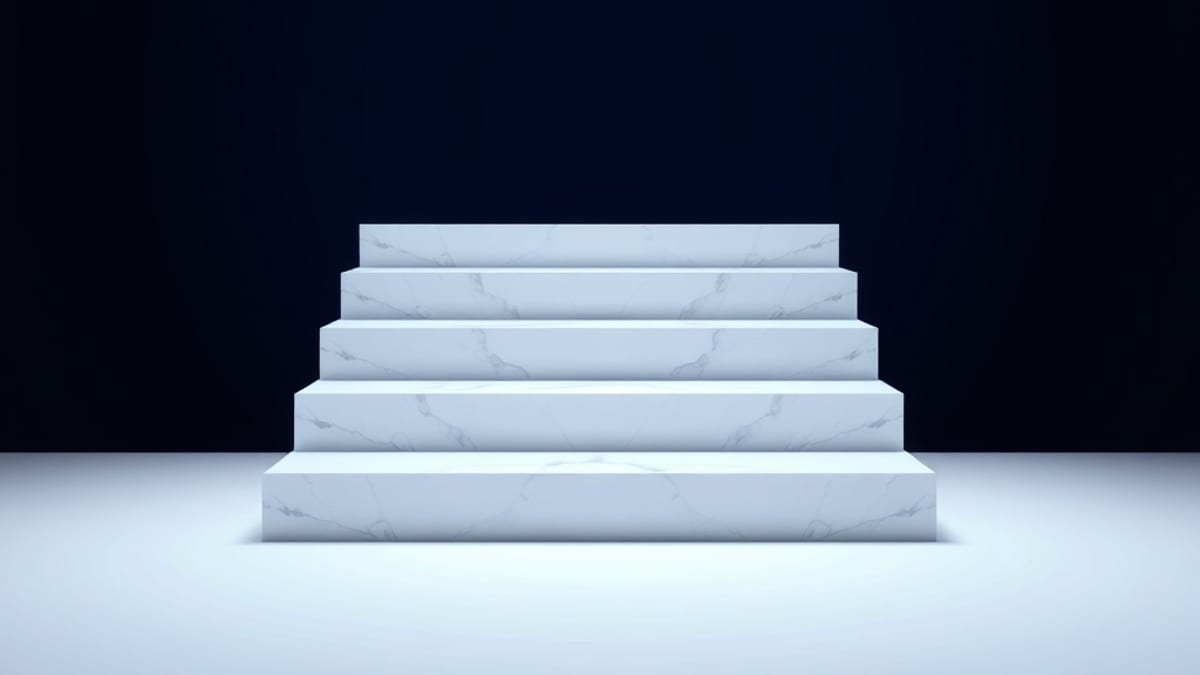 A gleaming marble staircase with perfectly formed steps floating unsupported over an empty void, lit by soft studio light.
