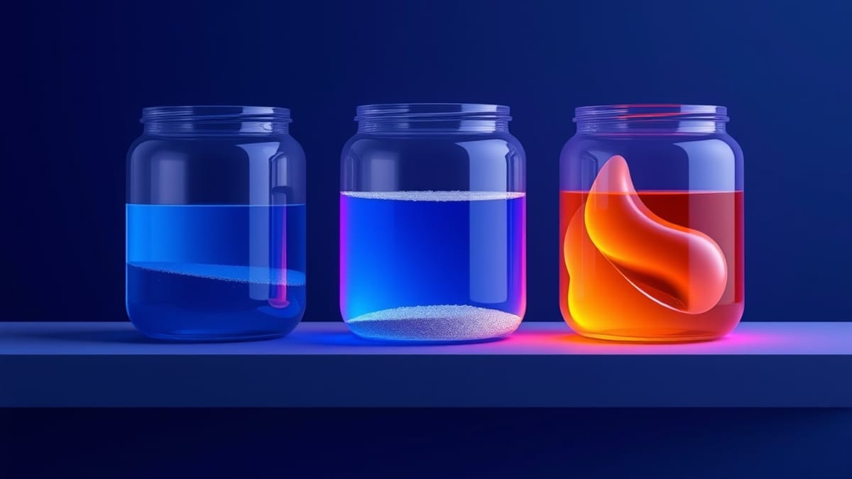 Three identical glass jars on a shelf, each holding a different colored substance, side-lit so the contents glow distinctly.
