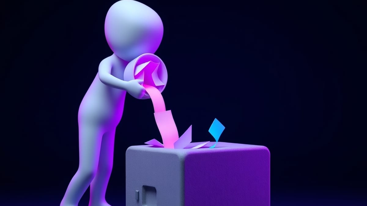Clay figure pours glowing notes into a funnel; they harden into a solid grey brick below, while a side hatch diverts new note
