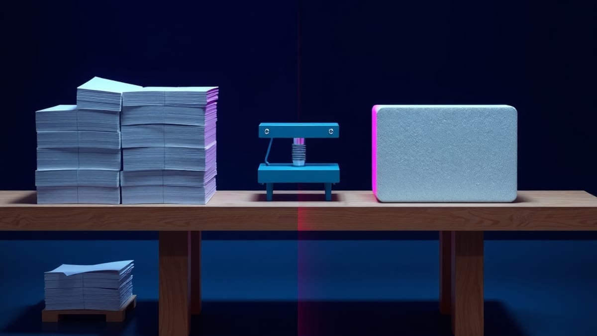 A workbench split by light: stacks of identical blank sheets feeding a steel press on the left, one carved stone slab under a