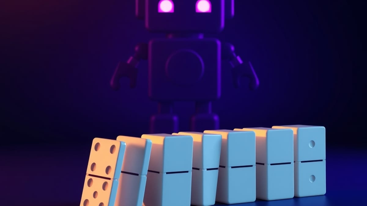 A large harmless robot silhouette behind a row of toppling dominoes falling toward a small house of cards.
