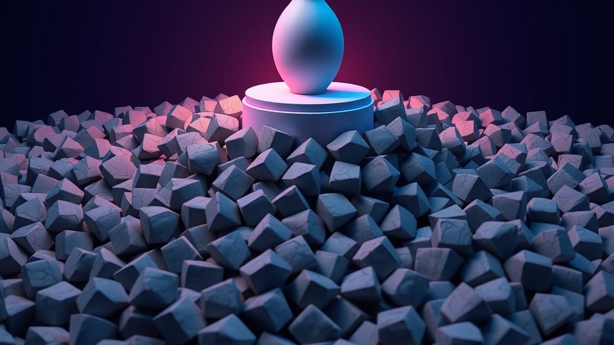 One glowing ceramic vase on a pedestal above a heap of hundreds of identical cracked gray clay copies.